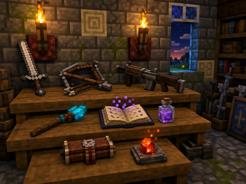 voxel 風の武器・魔法スタッフ・スキル本が並ぶ作業台